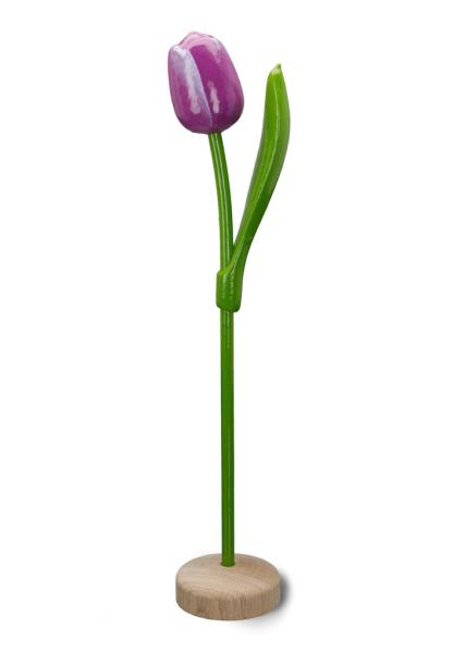 Wooden tulip in a wooden base, to stand, 34cm high, made in Holland, color: violet/white